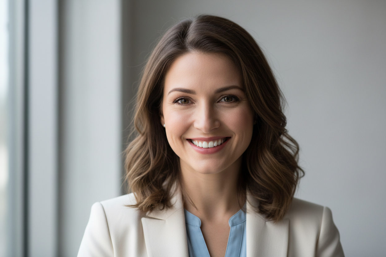 attractive woman ultra realistic headshot mogging/smiling